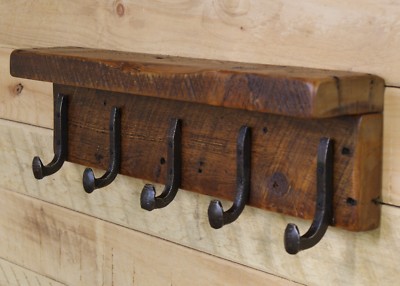 Reclaimed 30'' Vintage White Pine Coat Rack with 5 Railroad Spike Hooks and shelf