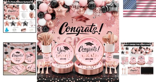 Complete 2025 Grad Party Decor Set - 245 PCS Dinnerware & Elegant Pink Backdrop - Picture 2 of 10