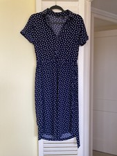 Tahari Womens Shirt Dress S Blue Polka Dot Jersey Knit Preppy Retro Office