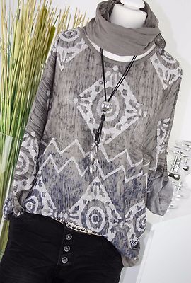 ITALY MODA Shirt ORNAMENTE Vintage Longsleeve Top + Tuch TAUPE L XL 40 42 Pulli