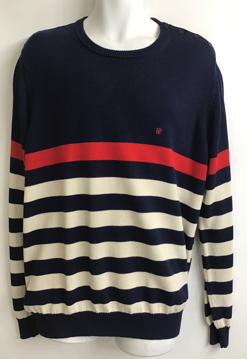 Carolina Herrera Sweater Men Navy Red/stripe Cotton Knit Crew