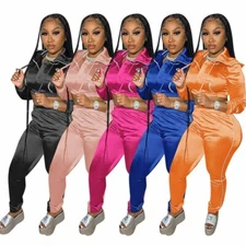 Fashion Women's Zipper Hoodie Long Sleeves Solid Bodycon Jumpsuit Outfits 2pcs