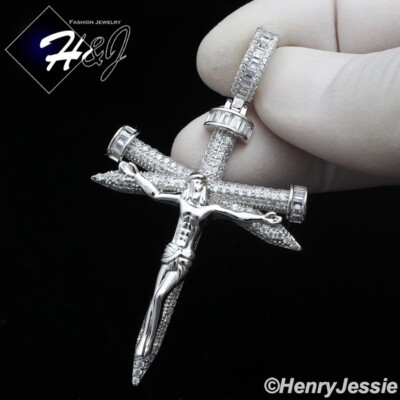 MEN 925 STERLING SILVER ICY BLING CZ SILVER 3D NAIL JESUS CROSS PENDANT ...