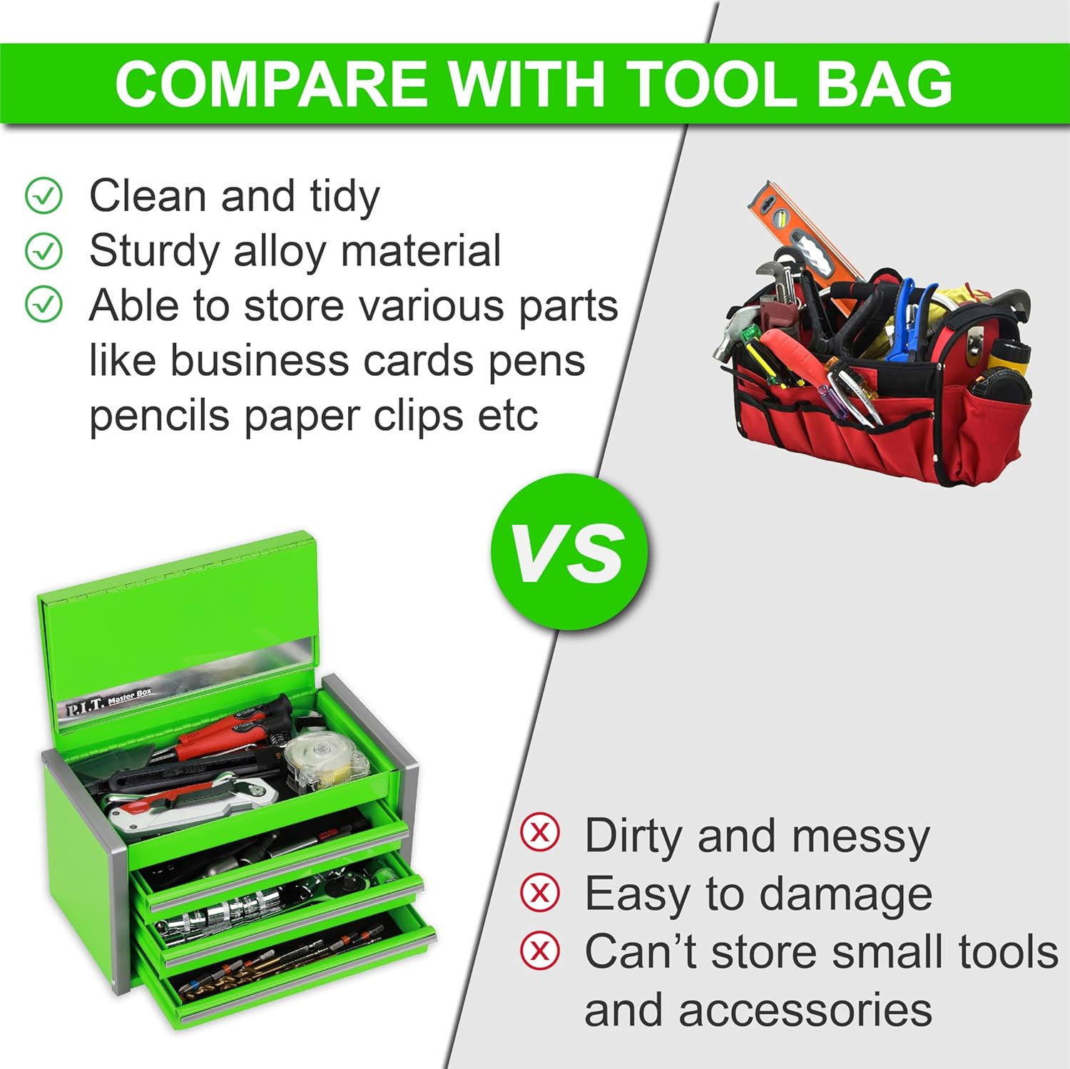 P.I.T. Mini Green Tool Box, Portable 3 Drawer Steel Stackable Tool Box with Magn