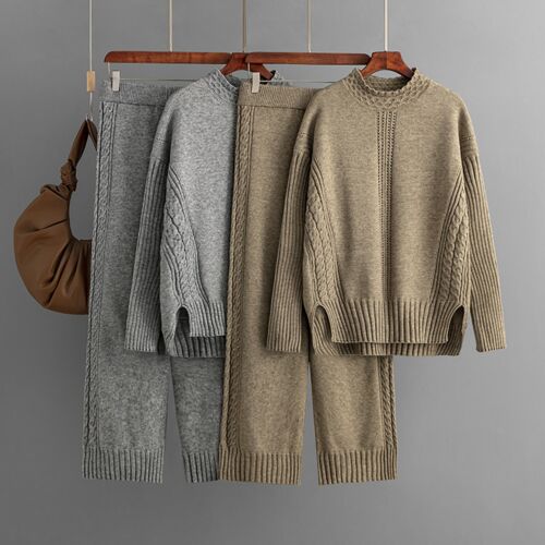 Women 2 Piece Outfits Long Sleeve Knit Pullover Sweater Top Wide Leg Pants Home - Picture 3 of 48
