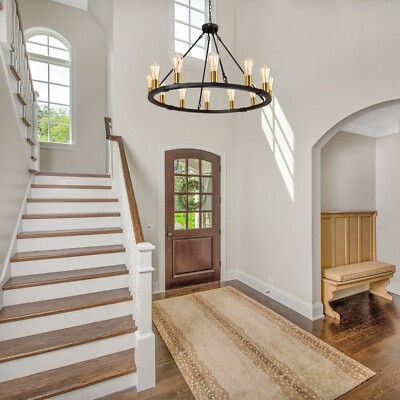 12 Light Farmhouse Wagon Wheel Chandelier Black and Gold, height-adjustable