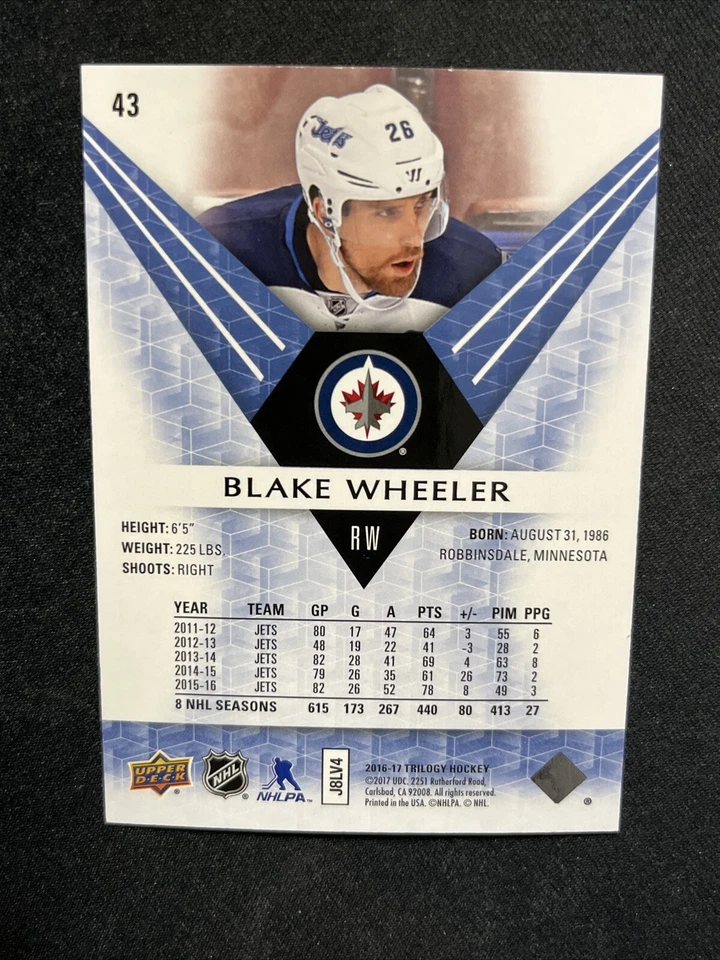 16-17 UD Trilogy Hockey Blue Parallel 43 Blake Wheeler /849 - Image 2 of 2