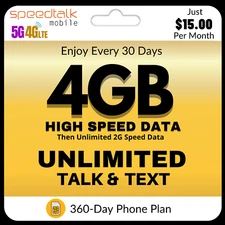 $15/Mo. SIM Card Kit Unlimited Data Talk Text Prepaid SpeedTalk Smart Phone Plan