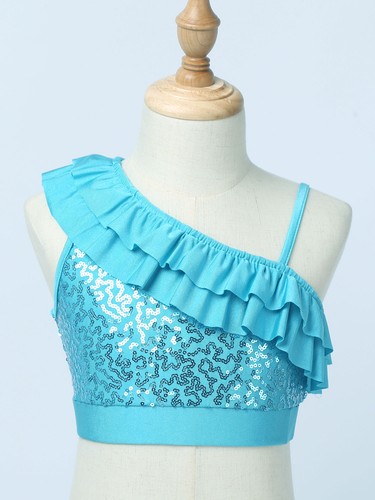 Girls Sequined Ruffled Ballet Dance Crop Top Modern Jazz One Shoulder Cami Vest - Picture 57 of 66