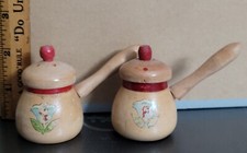 Vintage Wooden Salt & Pepper Shaker Set Green Blue Floral Decal — listing 3