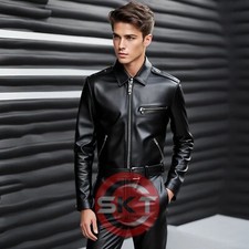 MENS GENUINE SOFT BLACK LEATHER CATSUIT FRONT ZIPPER OVERALL BODYSUIT JUMPSUIT