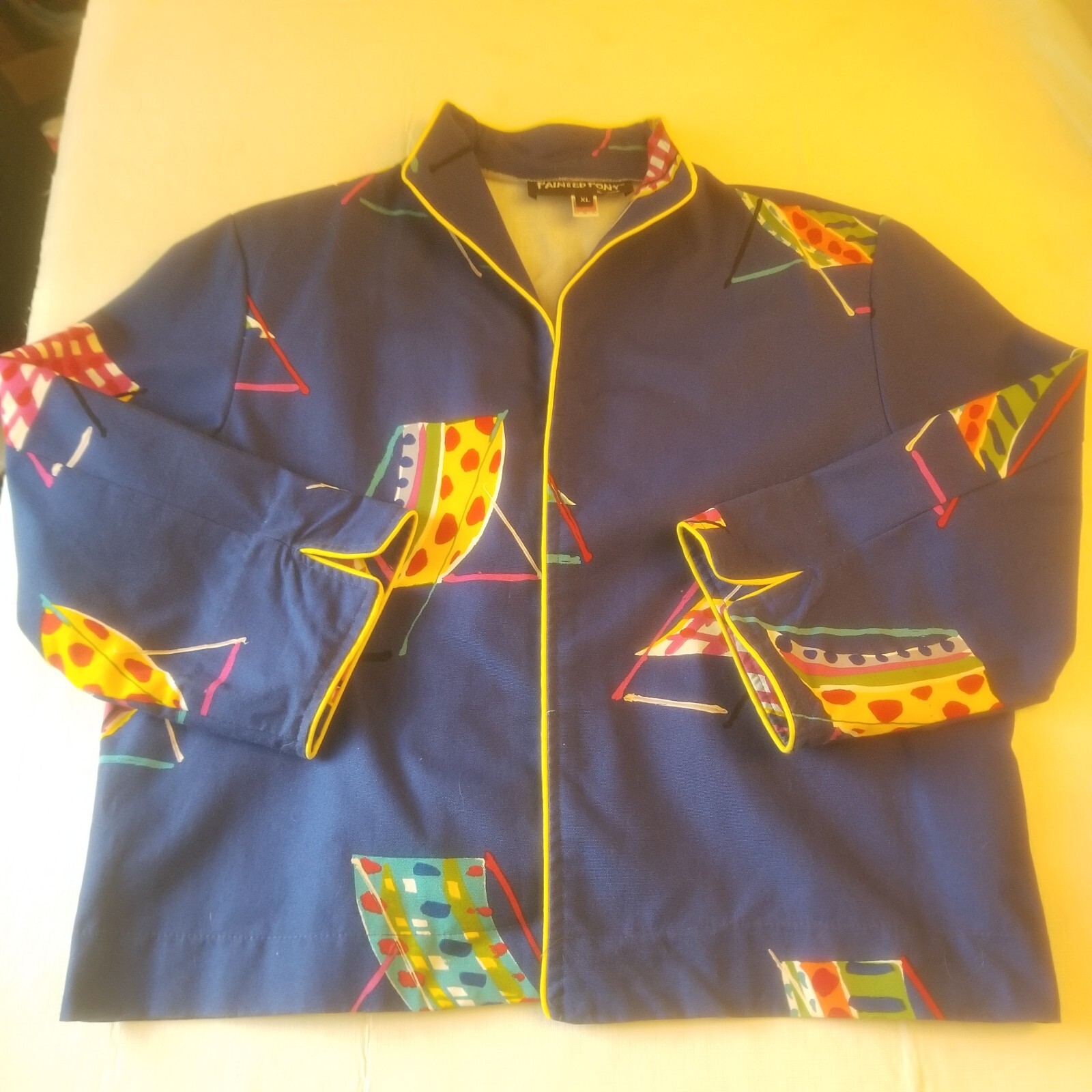 Giacca blazer colorata audace sedie da spiaggia blu giallo pony dipinte taglia XLarge