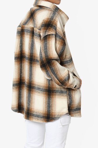 Women's Plaid Flannel Long Sleeve Chest Pocket Oversized Shirt Jacket Shacket - Picture 24 of 62