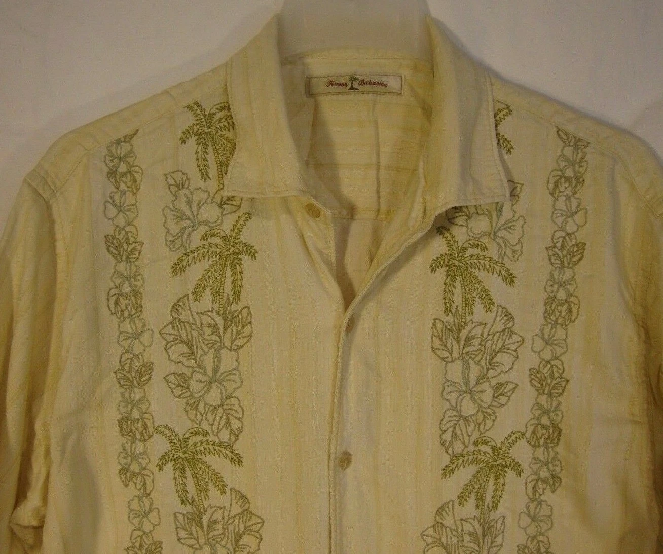 Tommy Bahama Embroidered Hawaiian Aloha Shirt Men's L Yellow Cream Flowers Palm