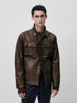 New Massimo Dutti Tumbled Leather Jacket 3302/222 Brown M overshirt coat  sweater