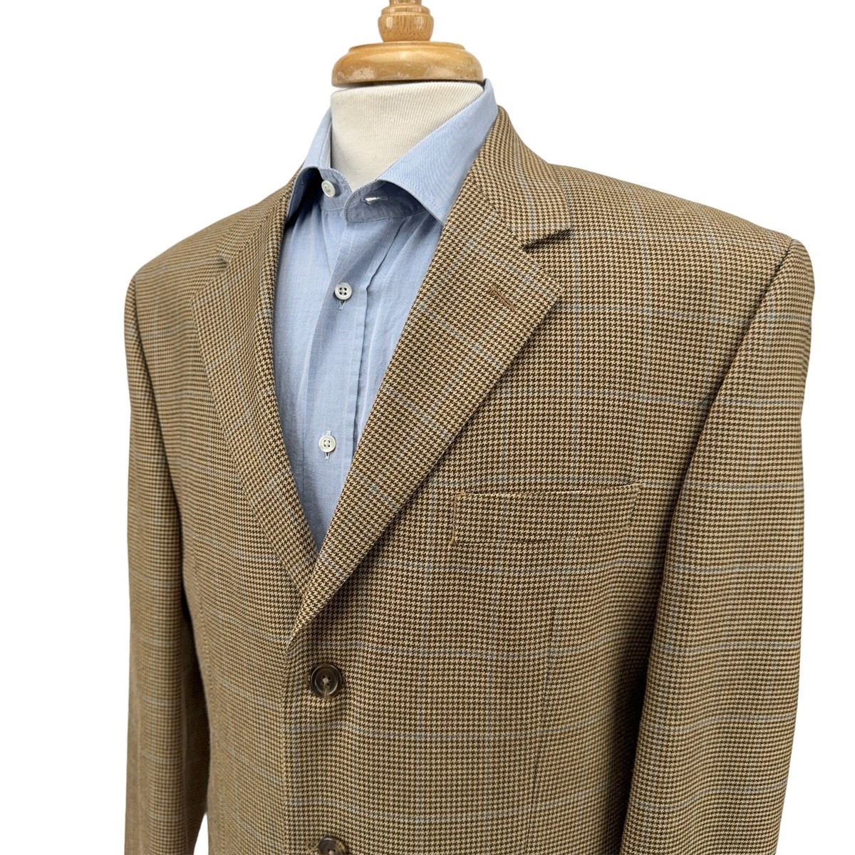 Chaps Silk Wool Light Brown Houndstooth Check 3-Btn Blazer Sport