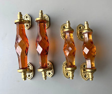 Antique Style Crystal Cut Orange Glass Brass Door Handle 4 Pc Decor Collectible