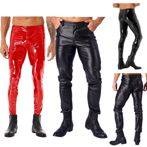 UK`Men Faux Leather Shiny Tights Skinny Motorcycle Biker Pants PVC Long Trouser - Picture 3 of 34