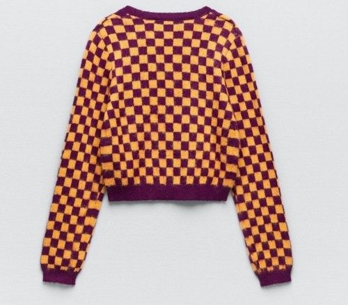 Zara Wool Blend Burgundy Purple Orange Jacquard Cropped Button Up Sweater Size M - 第 2/5 張圖片