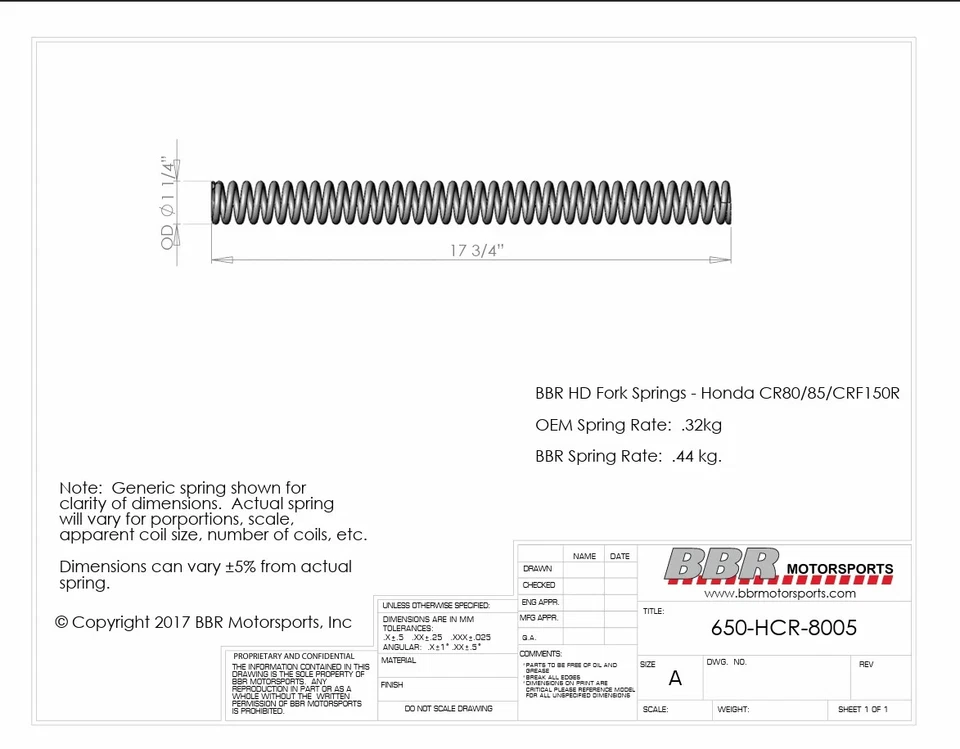 MUELLES DE HORQUILLA DE ALTA RESISTENCIA BBR CR80R/RB CR85R/RB CRF150R/RB 650-HCR-8005 0,44 kg Foto 2 de 4