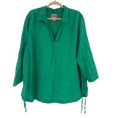 Isaac Mizrahi Size 3X 100% Linen Shirt Clover Green V Neck Coastal Lagenlook