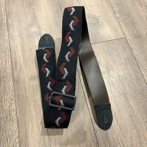 Vintage Ace Guitar Strap - Red White Zig Zag On Black - Brown Leather