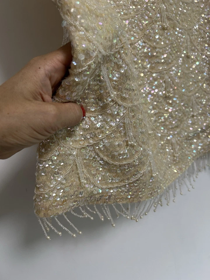 vintage 50s 60s Handmade BEAUTIFUL Ivory wool Beaded Sequin Top sz Medium - Image 2 of 4