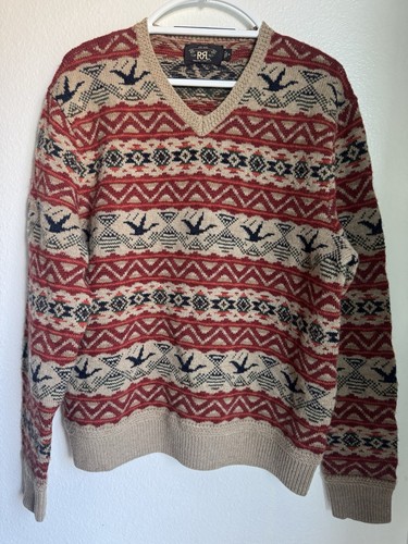 RRL Ralph Lauren Fair Isle V-Neck Sweater With Bird Pattern Red,Beige, & Blue XL - Picture 3 of 24