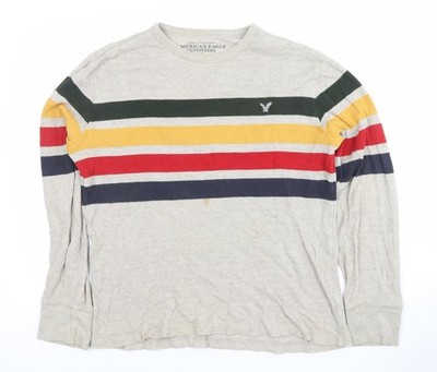 American Eagle Herren Pullover beige gestreift Waffelmuster Baumwolle L