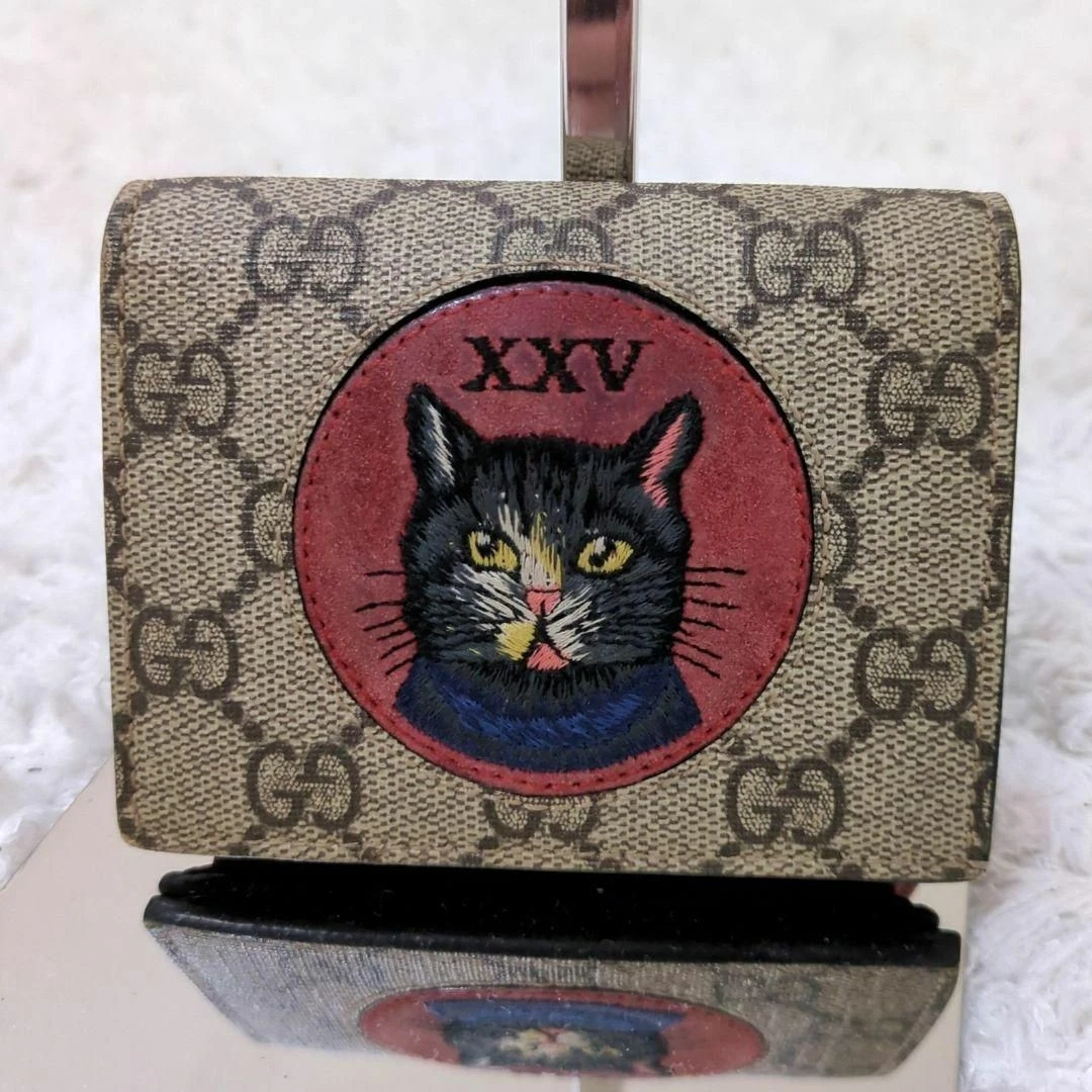 Portefeuille pliant GUCCI Gucci chat mystique GG Supreme mini broderie