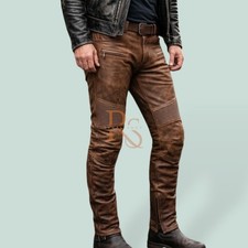 Mens Genuine Lambskin Leather Biker Pants Distressed Brown Moto Slim Fit Trouser