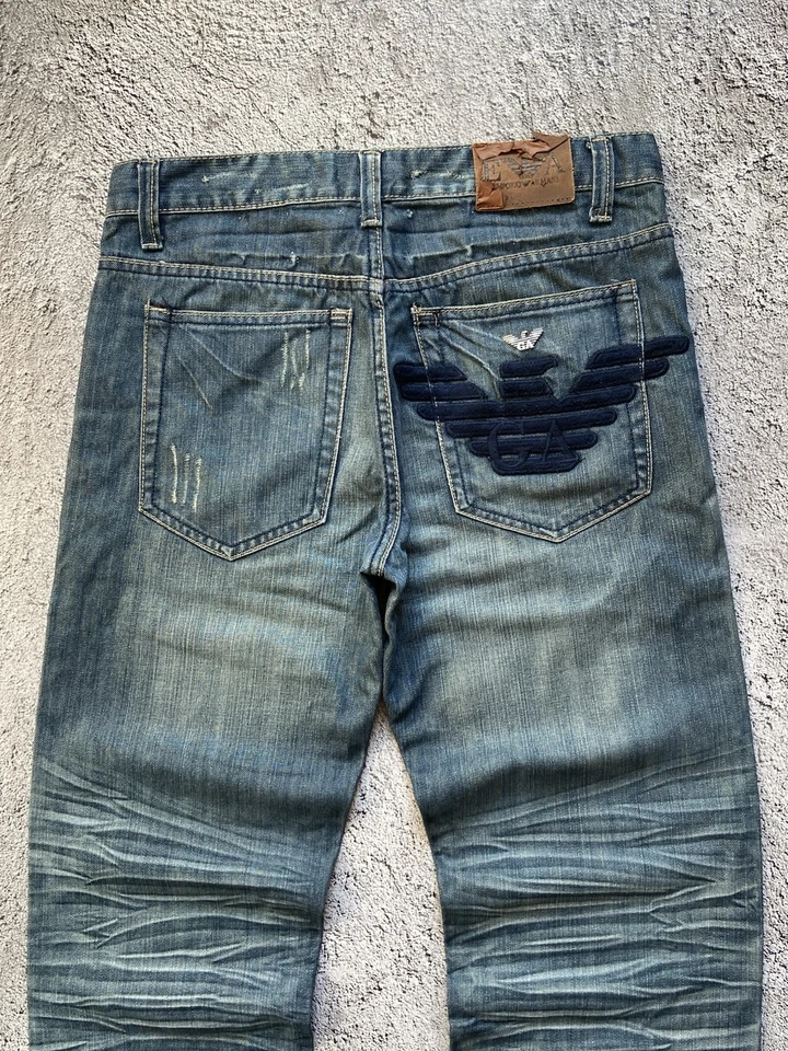 Pantalones de mezclilla Emporio Armani de colección bordados de metal águila lavado loco ropa de calle rara W33 Foto 2 de 4