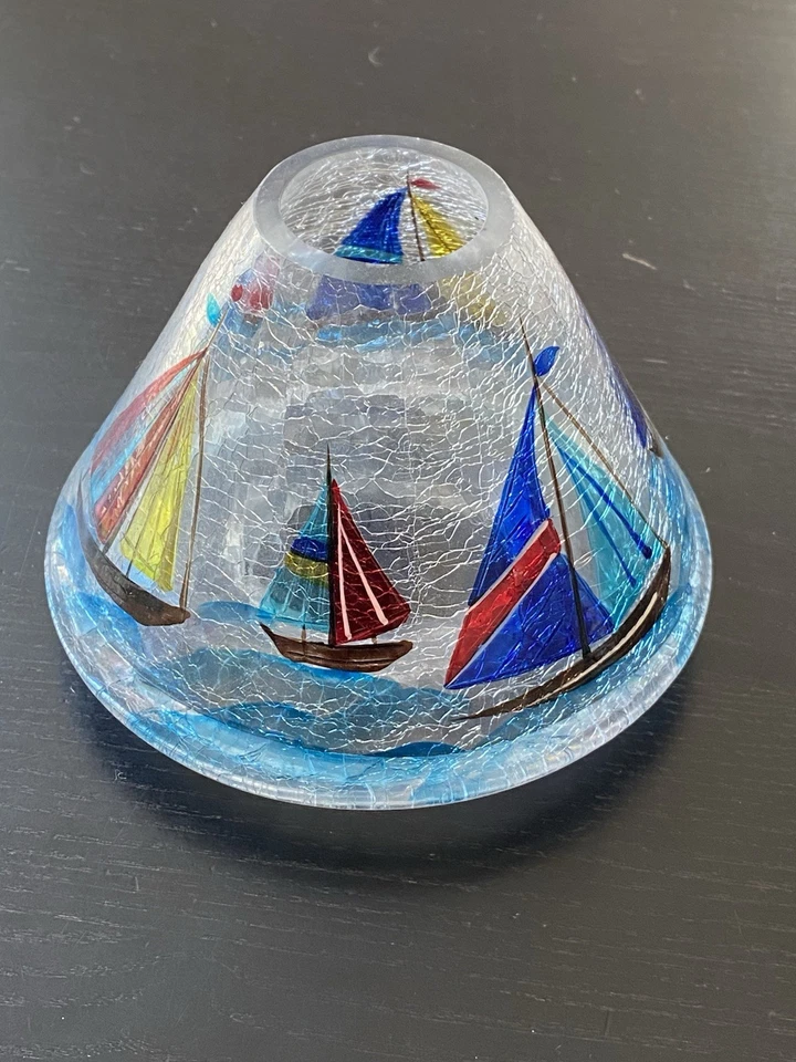 Yankee Candle Crackle Glass Shade Sailboats Hand Painted Blue Red Yellow Vtg - Image 2 of 4
