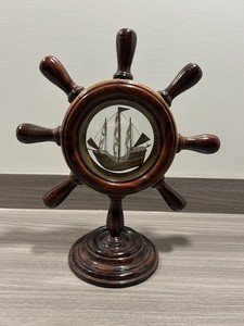Vintage Ship Steering Wheel With Sailing Ship Between Glass In Center 15-1/2”