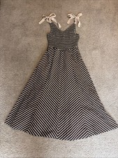 Womens Brown Cream Striped Tie Straps Maxi Dress Size Small 100% Cotton Pockets