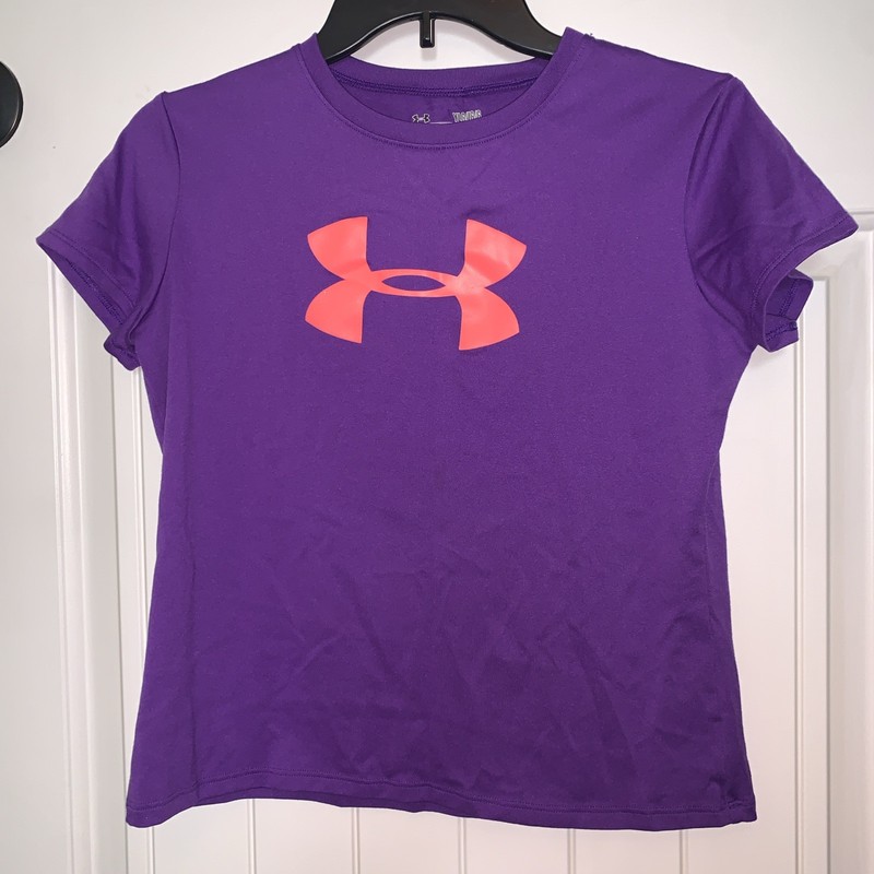 Girls YLG Under Armour Purple S/S Athletic Dri-fit Shirt with Orange Logo EUC!