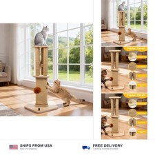 Sisal Cat Scratcher with Perch,26.5inch Wooden Cat Scratch Post,3 in 1 Scratc...
