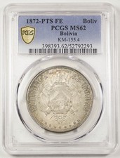 BOLIVIA 1872 PTS FE Boliviano Silver Coin PCGS MS62 UNC/BU KM 155.4 Potosi Mint