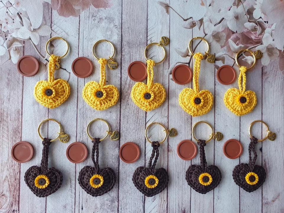 gehäkelter🌻Schlüsselanhänger Sonnenblume mit Einkaufswagen-Chip+Schlüsselring🌻