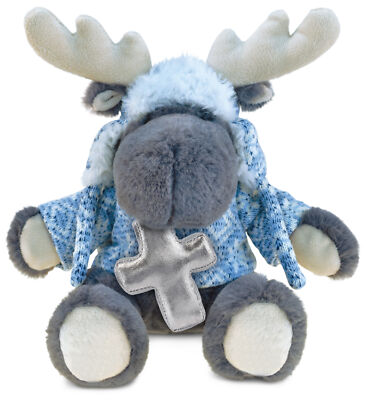 DolliBu Grey Moose with Clothes Stuffed Animal with Silver Cross Plush, 12 Inch
