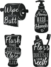 4 PCS Bathroom Wooden Wall Signs Wash Brush Floss Flush Sign black, white 