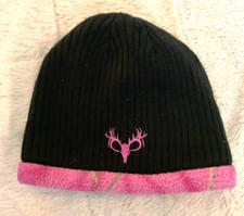 Hot Shot Reversible Girls Beanie One Size Junior 4-7 Black Pink Camo Cap Hat