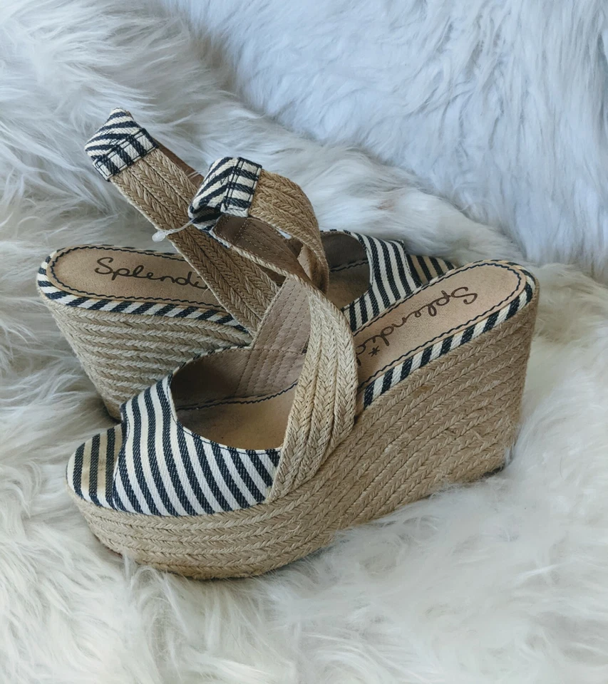 Espléndidas sandalias de verano alpargata con plataforma a rayas azul marino 8 Foto 4 de 4