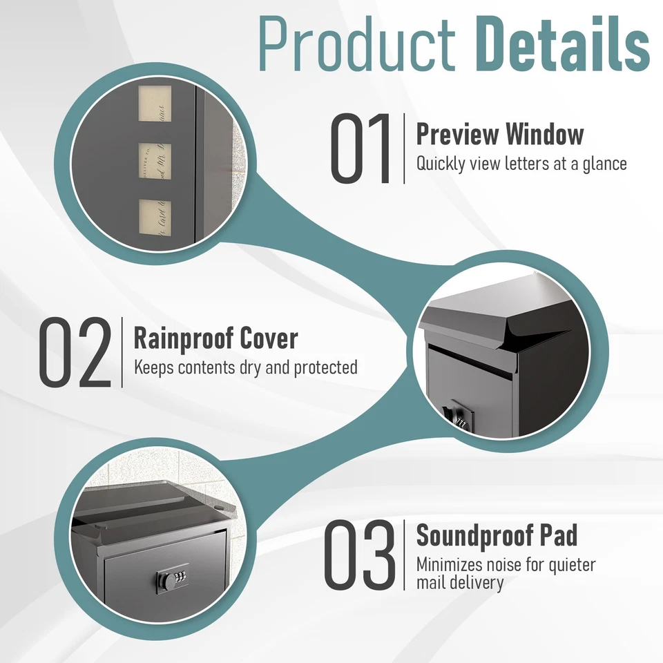 Post Boxes Wall Mounted Waterproof Steel Mail Box Modern Delivery Letter Box - Image 2 of 4