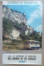 Oryg. Francuski plakat podróży autobusem, samochody obsługiwane przez SNCF, Visitez le Quercy, 1970 