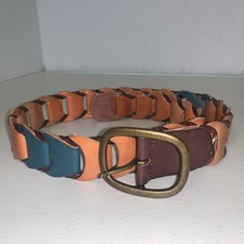 Vintage Mod 70s Belt Brown Green Leather Link Wide Boho Hippie Womens