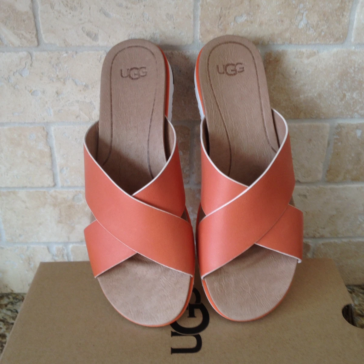UGG KARI FIRE OPAL RED ORANGE LEATHER SLIDE FLIP FLOP SANDALS SIZE