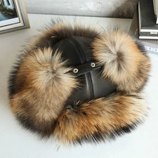 Winter Men's 100% Real Raccoon Fur Silver Fox Bomber Hat Ushanka Trapper Ski Cap