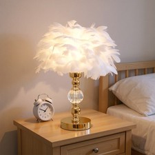 Fluffy Feather Shade Table Lamp Elegant Deco Lampshade Bedside Night Light White