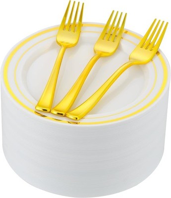 Gold Dert Plates with Forks for 60 Guests- Small Plastic Dert Plates